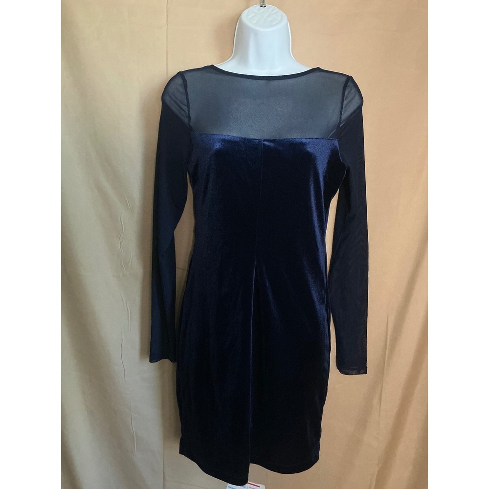 Jump Apparel Velvet Bodycon Dress Womens Small Navy Blue Excellent Sheer Mesh